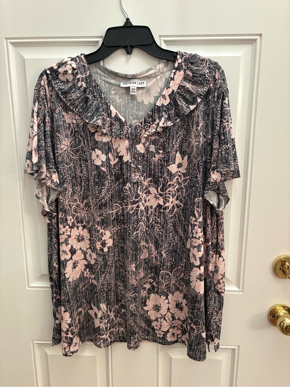 Southern Lady Charcoal and Pink Floral Ruffle Collar Top
